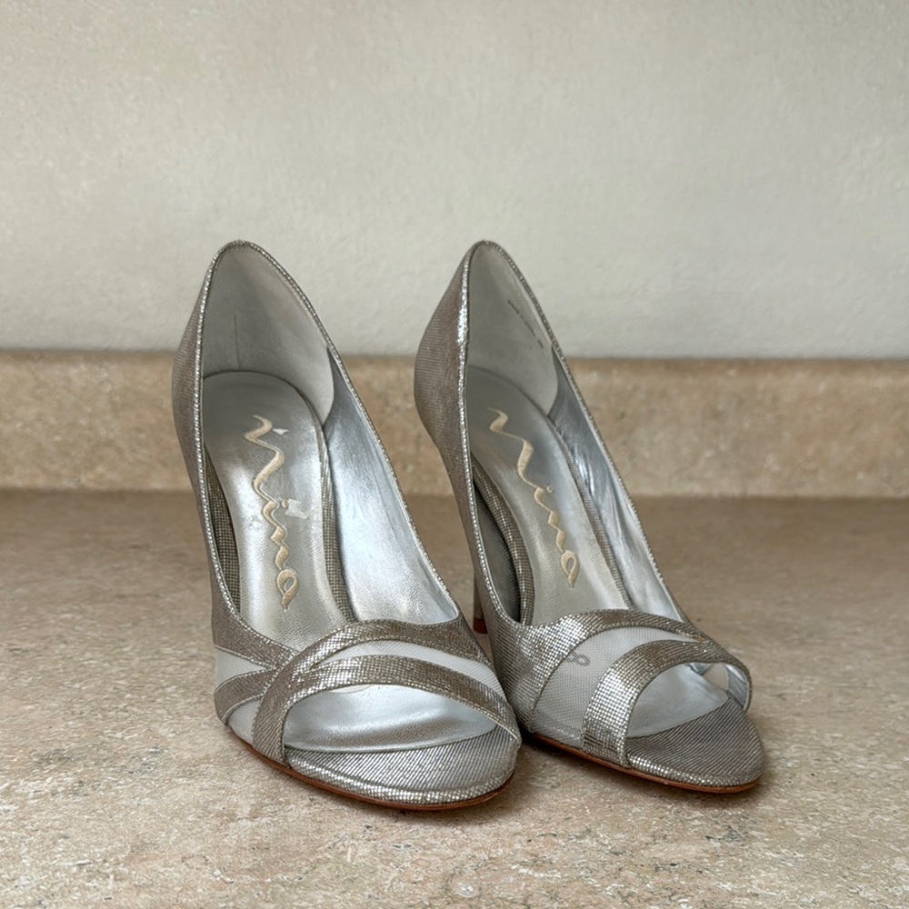 Nina Women's Silver Peep-Toe Heels